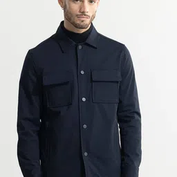 Snitch Navy Blue Spread Collar Cotton Tailored Jacket-picture-30