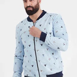 MR BUTTON Men Blue Geometric Bomber Jacket-44