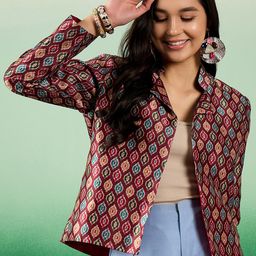 Sangria Maroon Printed Notched Lapel Front Open Blazer-image-40