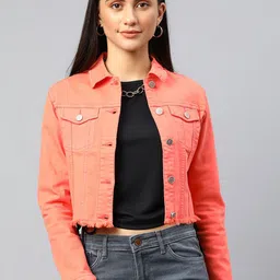 Xpose Women Pink Washed Lightweight Pure Cotton Crop Denim Jacket-image-4