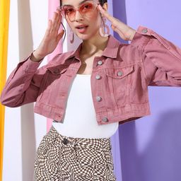 Tokyo Talkies Women Rose Washed Crop Denim Jacket-image-9