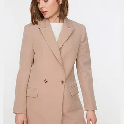 Trendyol Women Beige Striped Longline Tailored Jacket-picture-7