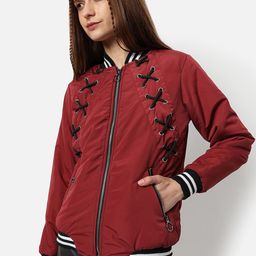 Campus Sutra Women Red Black Windcheater Outdoor Bomber Jacket-image-5