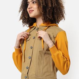 Campus Sutra Women Beige Mustard Windcheater Outdoor Tailored Jacket with Patchwork-image-91