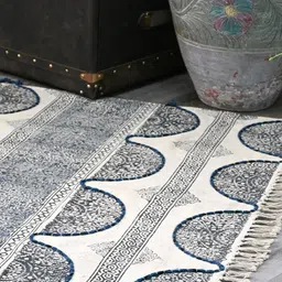 Art Avenue White & Blue Ethnic Motifs Printed & Embroidered Cotton Carpet-image-54