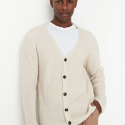 Trendyol Men Beige Cable Knit Acrylic Cardigan Sweater-image-15
