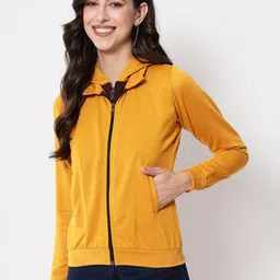 PURYS Women Mustard Yellow & Brown Fleece Tailored Dual Zipper Jacket-image-84