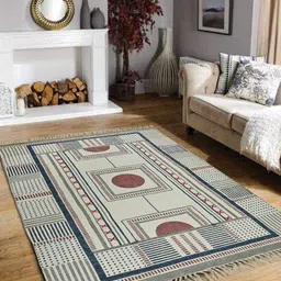 Art Avenue Off White & Blue Geometric Printed Cotton Carpet-11