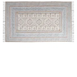 Art Avenue Beige & Blue Ethnic Motifs Printed & Embroidered Cotton Carpet-30