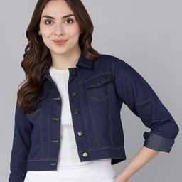 MONTREZ Women Blue Crop Pure Cotton Denim Jacket-56