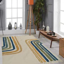 Art Avenue Beige & Blue Striped Embroidered Cotton Carpet-47