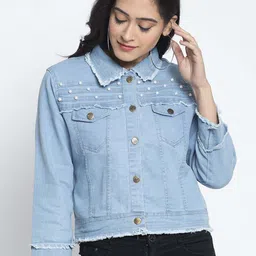 Miaz Lifestyle Lightweight Crop Denim Jacket With Beads-35