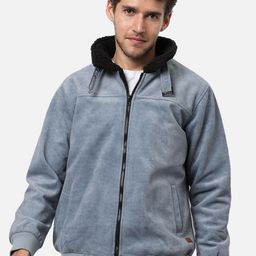 Campus Sutra Men Blue Suede Windcheater Puffer Jacket-image-87
