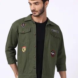 VOXATI Men Olive Green Denim Jacket with Patchwork-picture-17