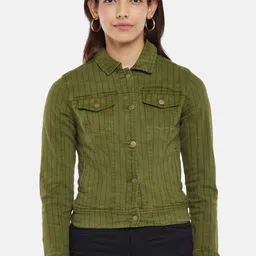 Honey by Pantaloons Women Olive Green Striped Denim Jacket-image-88