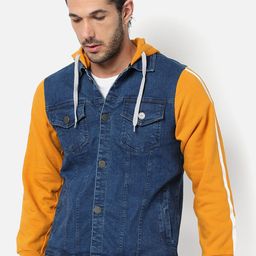 Campus Sutra Men Blue & Mustard Washed Colourblocked Crop Denim Jacket-17