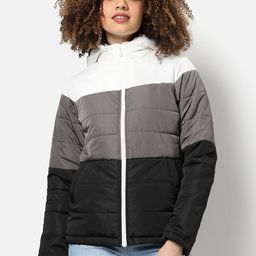 Campus Sutra Women White & Grey Colourblocked Hooded Outdoor Padded Jacket-picture-19
