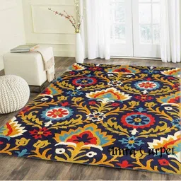 IMRA CARPET Navy Blue & White Ethnic Motifs Rectangle Woollen Shaggy Carpet-image-2