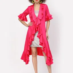 LELA Women Pink Frill Detail Asymmetric Hemline Longline Jacket-image-1