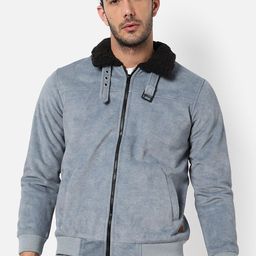 Campus Sutra Men Blue Grey Suede Windcheater Outdoor Open Front Jacket-image-59