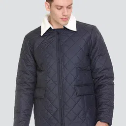 HONNETE Men Navy Blue White Checked Lightweight Quilted Jacket-picture-47