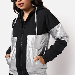 Campus Sutra Women Black Colourblocked Windcheater Outdoor Bomber Jacket-image-93