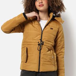 Campus Sutra Women Mustard Windcheater Hooded Longline Outdoor Padded Jacket-image-49