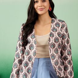 Sangria White Printed Shawl Collar Front Open Blazer-5
