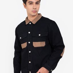 ZALORA BASICS Men Navy Blue & Camel Brown Contrast Patch Denim Jacket-image-13