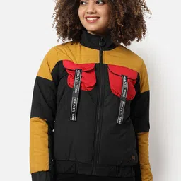 Campus Sutra Women Black Yellow Colourblocked Tailored Jacket-image-95