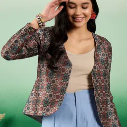 Sangria Red Printed Shawl Collar Crop Front Open Blazer-24