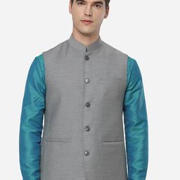 JADE BLUE Men Grey Solid Nehru Jacket-picture-9