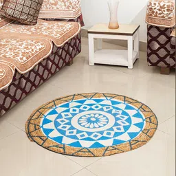 KRAVIKA White & Blue Geometric Printed Jute Carpet-9