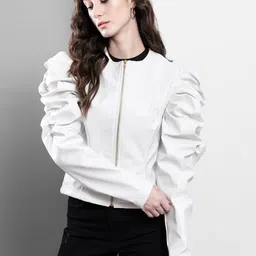 BAESD Collarless Puff Sleeves Bomber Jacket-35