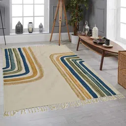 Art Avenue Beige & Blue Striped Embroidered Cotton Rectangular Carpet-image-73