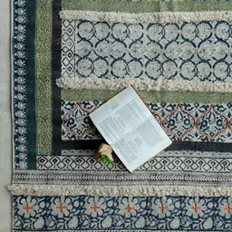 Art Avenue White & Blue Floral Printed & Embroidered Cotton Rectangular Carpet-16