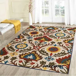 IMRA CARPET Beige & Red Ethnic Motifs Rectangle Woollen Shaggy Carpet-17