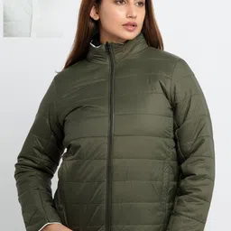 Status Quo Women Olive Green & Off White Reversible Puffer Jacket-image-10