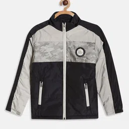 Octave Boys Grey Black Camouflage Colourblocked Padded Jacket with Patchwork-image-27