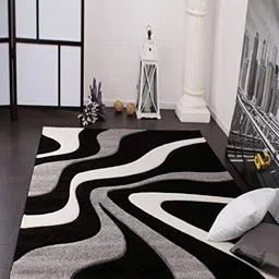 IMRA CARPET Grey & White Abstract Woollen Shaggy Carpet-picture-14