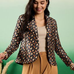 Sangria Black Printed Notched Lapel Open-Front Blazers-17