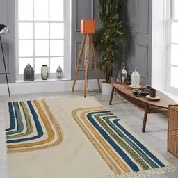 Art Avenue Beige & Blue Striped Embroidered Cotton Carpet-26