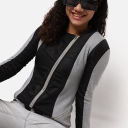 Campus Sutra Women Grey Black Colourblocked Windcheater Padded Jacket-image-75