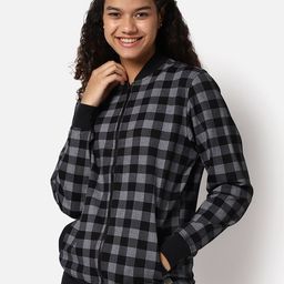 Campus Sutra Women Black Grey Checked Windcheater Outdoor Bomber Jacket-picture-26
