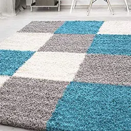 AaHo Decor Turquoise Blue & White Geometric Shaggy Carpets-image-47