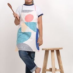 Arrabi Kids White & Blue Leaves Printed Apron With Pocket-17