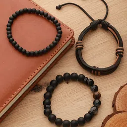 Jazz and Sizzle Men Set of 3 Leather Beaded Elasticated Bracelets-48