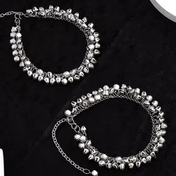 ATIBELLE Set of 2 German Silver-Plated Ghunghroo Stone Studded & Beaded Anklets image 1