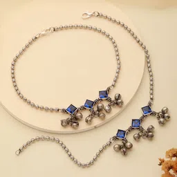 Saraf RS Jewellery Set Of 2 Rhodium-Plated Stone-Studded Anklets-93