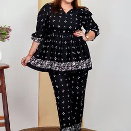 DEEBACO Plus Size Ethnic Motif Printed V-Neck Co-Ord Set-22